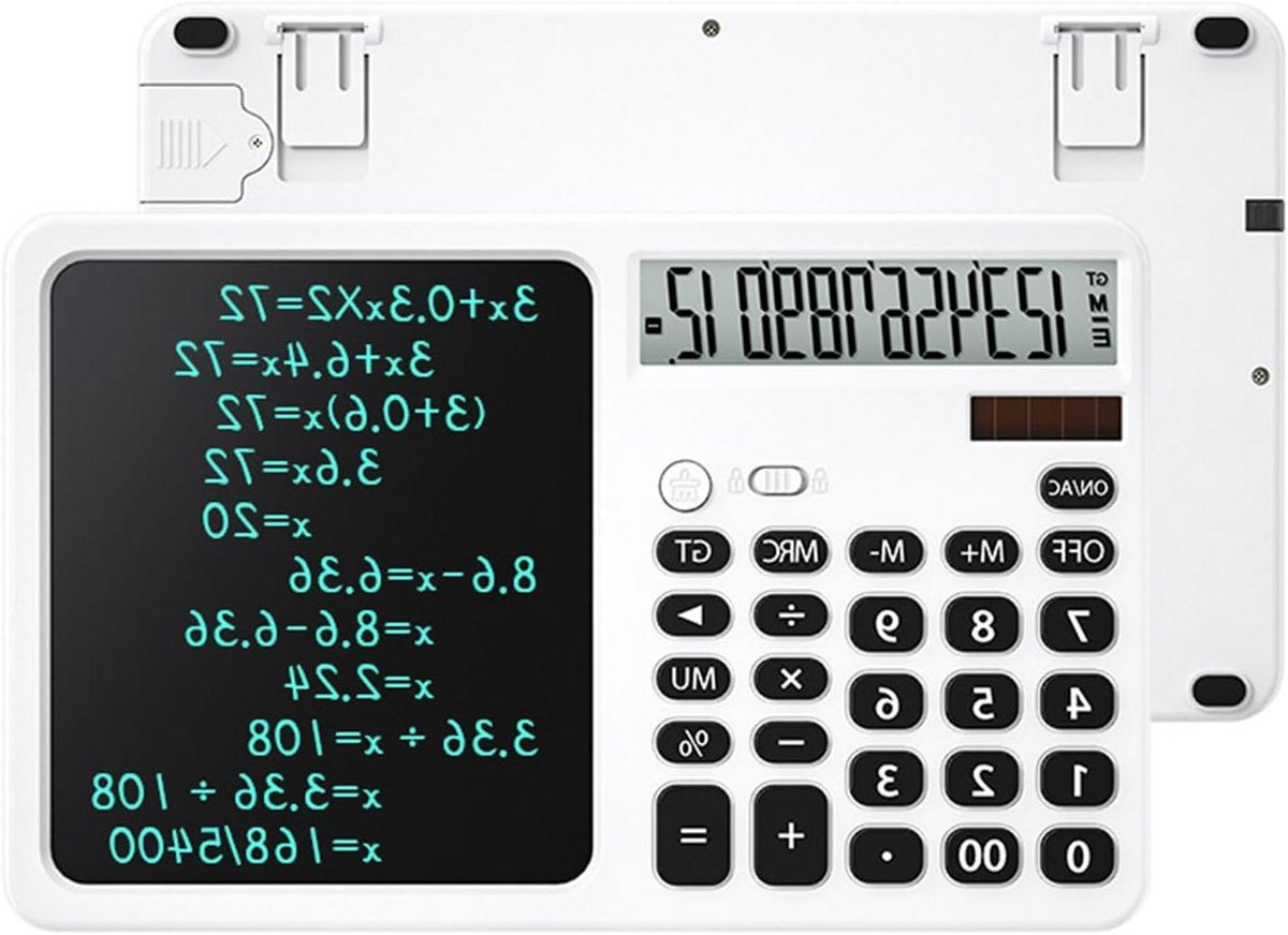 Rekenmachine met Kladblok - Zakelijke Calculator - Notities Maken - Geïntegreerd Schrijfblok - 12 Cijfers - Wit