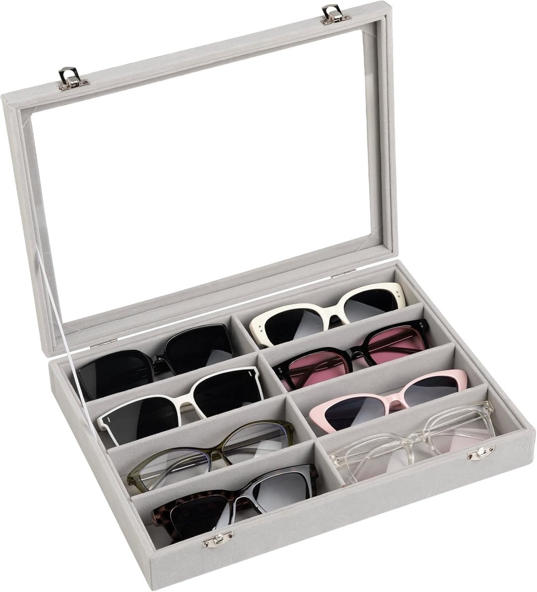 Sunglasses Organizer met 8 Slots en Duidelijk Deksel, Velvet Brilhouder voor Zonnebrillen, Ideaal voor Mannen en Vrouwen, 33.8 x 24.5 x 5.5cm, Perfecte Opbergdoos voor Zonnebrillen en Zichtbare Display Tray voor Brillen