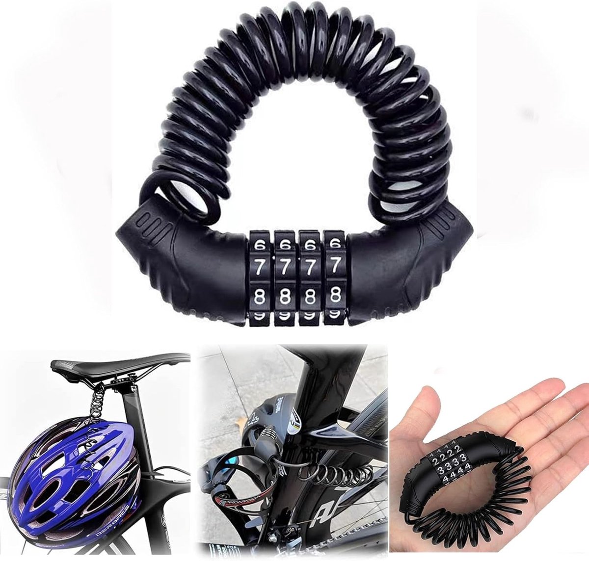 Cijfer-kabelslot 4-cijferig - Zwart - 150 cm - Kabelslot met PVC-Coating - Voor Fiets, Scooter en Helm