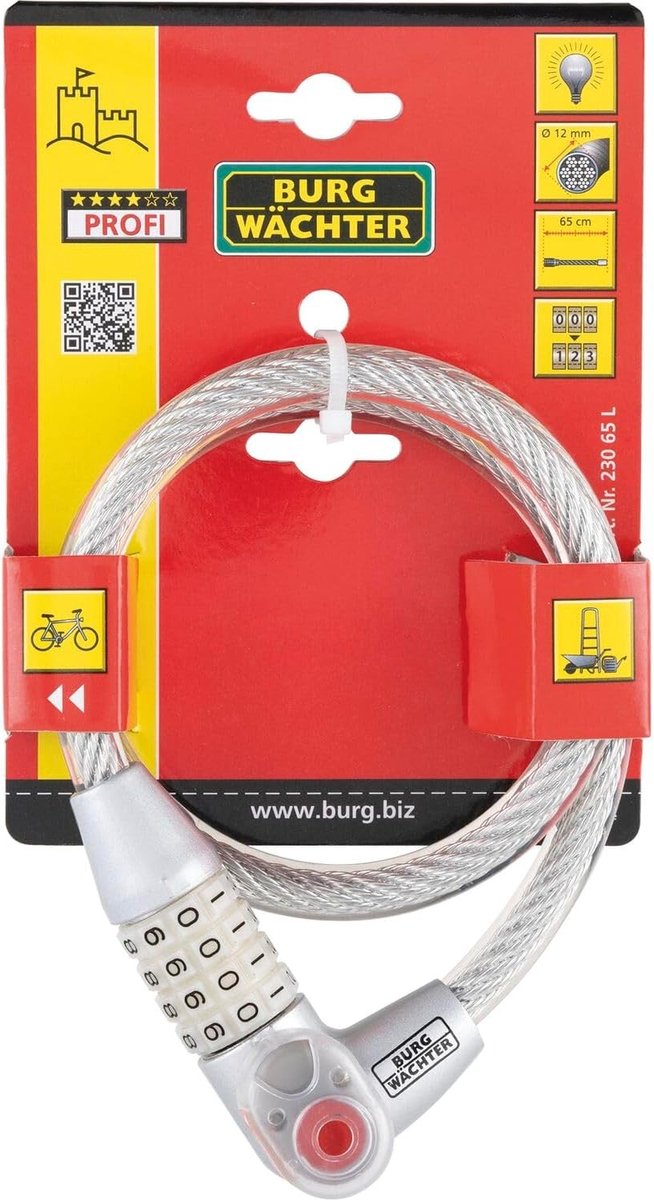 Cijfer-kabelslot 4-cijferig - Zwart - 65 cm - Kunststof Spiraalslot met Verlichting - Voor Fietsen