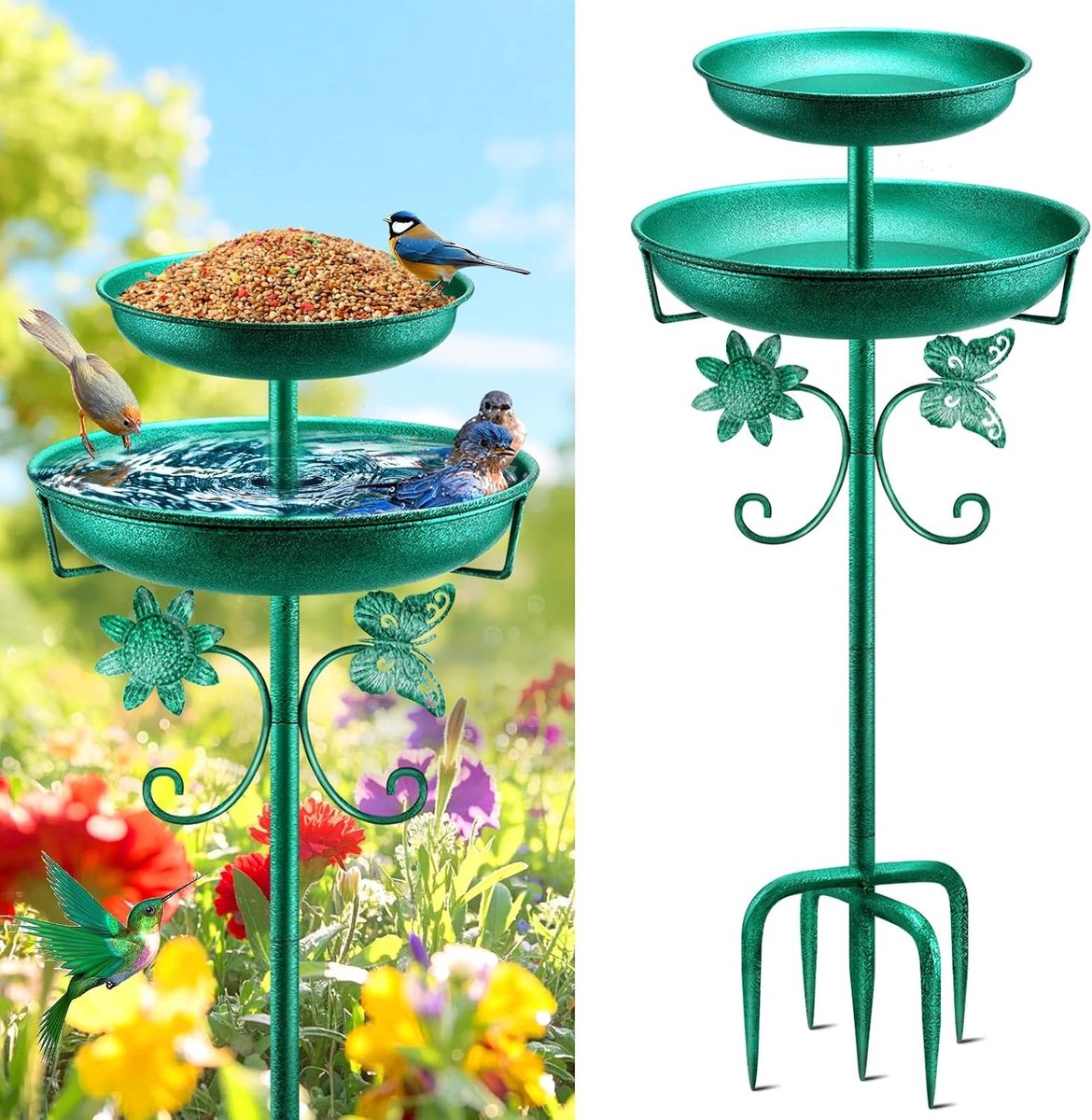 Dubbele Vintage Vogelbad en Voeder voor Buiten, 42 Inch Vrijstaand Tuinaccessoire voor Tuin en Patio, Stijlvol Decor met Verbeterde 5-Poots Basis en Weerbestendige Constructie