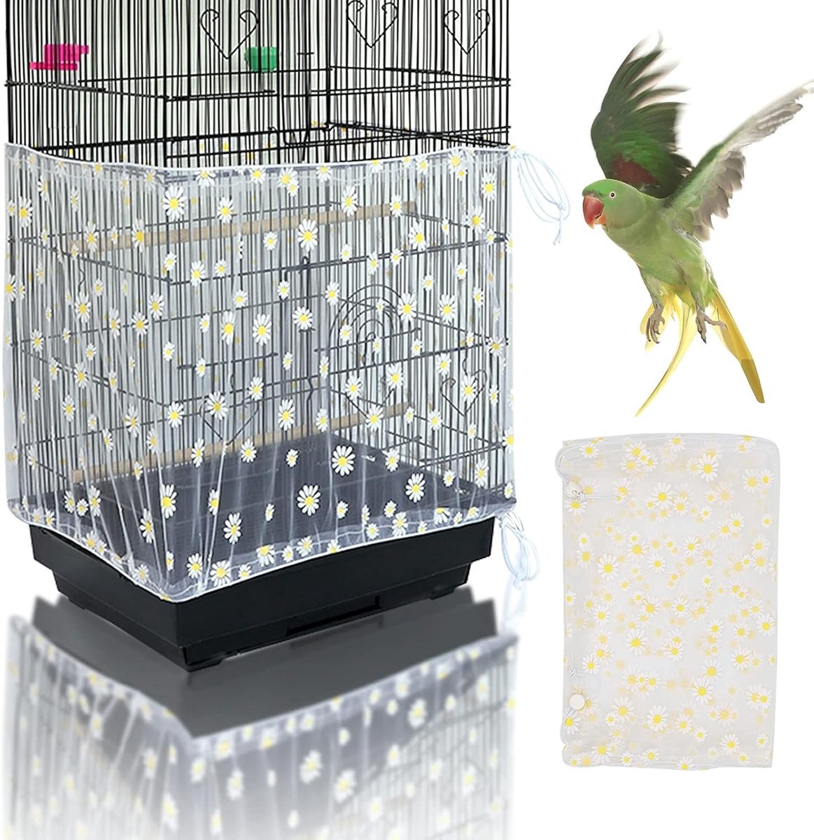 Verstelbare Vogelkooi Deksel met Zadenopvang, Zacht Nylon Gaas met Bloemenpatroon voor Papegaai en Parkiet Cages