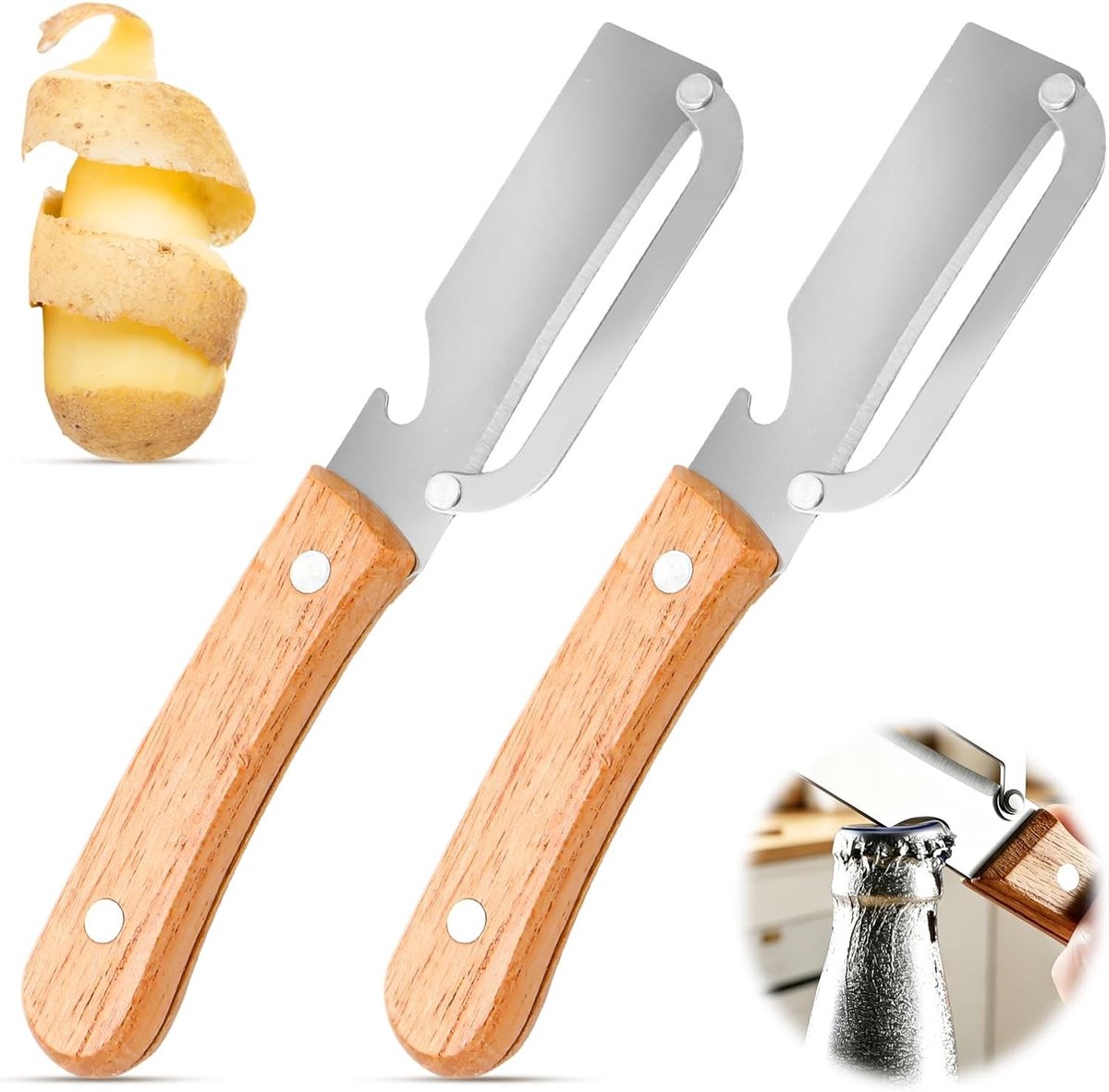 Appelschilmachine - Naturel - RVS en Hout - 2-in-1 Groenteschiller met Flesopener voor Keuken en Outdoor