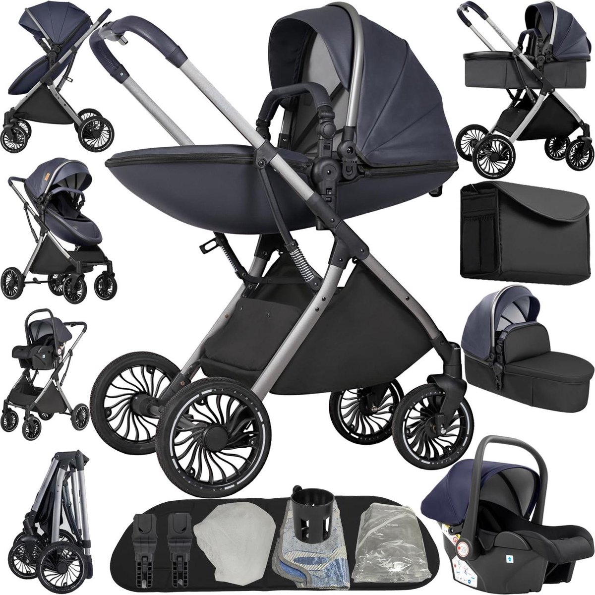 Kinderwagen 4-in-1 - Reiswieg Kinderzitje - Baby Vervoeren - Onafhankelijke Triple Schokabsorptie - 73 x 61.5 x 124 cm - Blauw