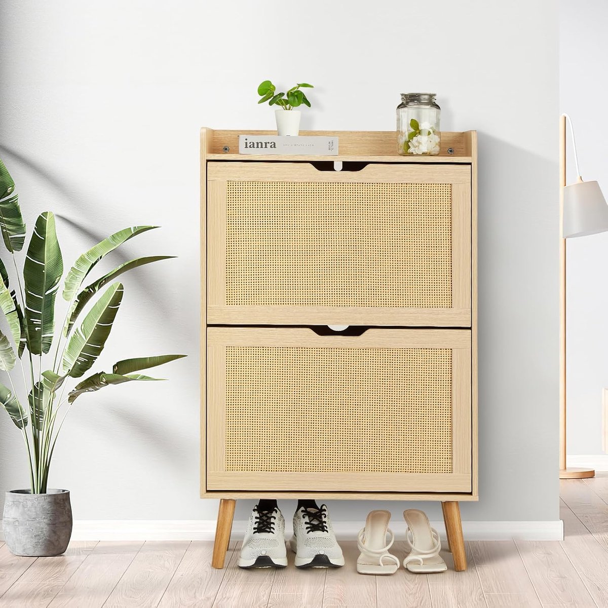 Smalle schoenenkast met 2 inklapbare lades van rotan en MDF – Moderne stijl – voor 12 tot 15 paar schoenen, voor de entree en hal