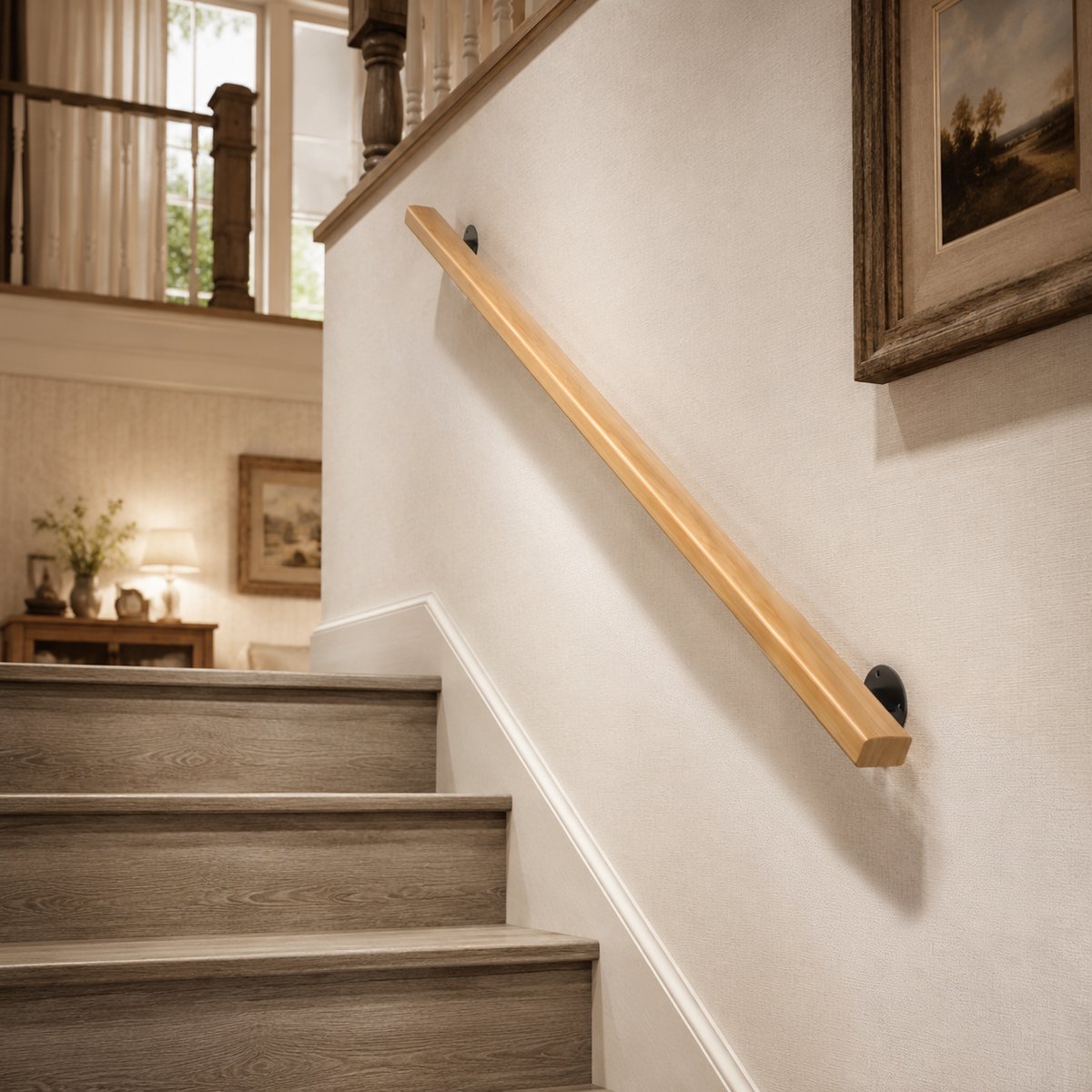 Froadp 120cm Trapleuning Wandreling Massief Beuken Houtkleur Profiel Woonhuis Gang Kelder Zolder Binnenruimte Trap