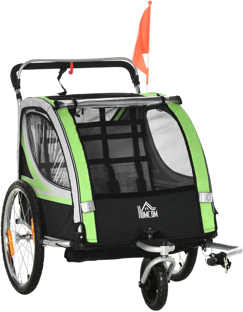 2 - in - 1 fietsaanhanger voor 2 kinderen - duwfunctie - regenhoes - rem - groen