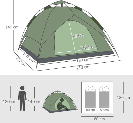 Lichtgewicht en stevige koepeltent voor 3 personen met ingang - draagtas en grondzeil; familietent met een waterkolom van 1000 mm; geschikt voor kamperen - reizen - trektochten en gebruik in de tuin. — afbeelding 5