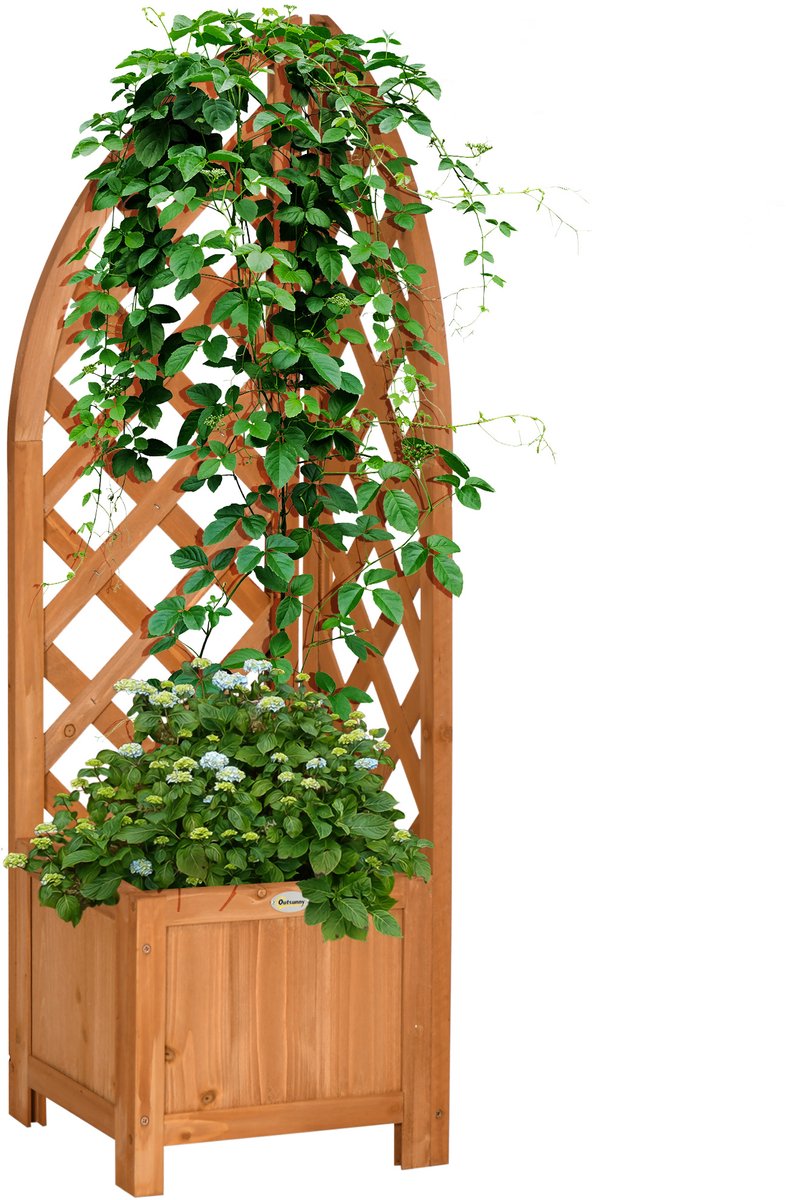 Bloembak met hoektralie - drainageopening - weerbestendig - naturel hout - bruin - 32 x 32 x 108 cm