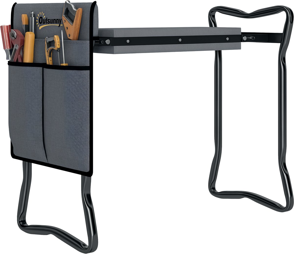 Opklapbare tuinbank met kniekussen en gereedschapsvakken - draagvermogen tot 150 kg - 58 x 28 x 49 cm - grijs