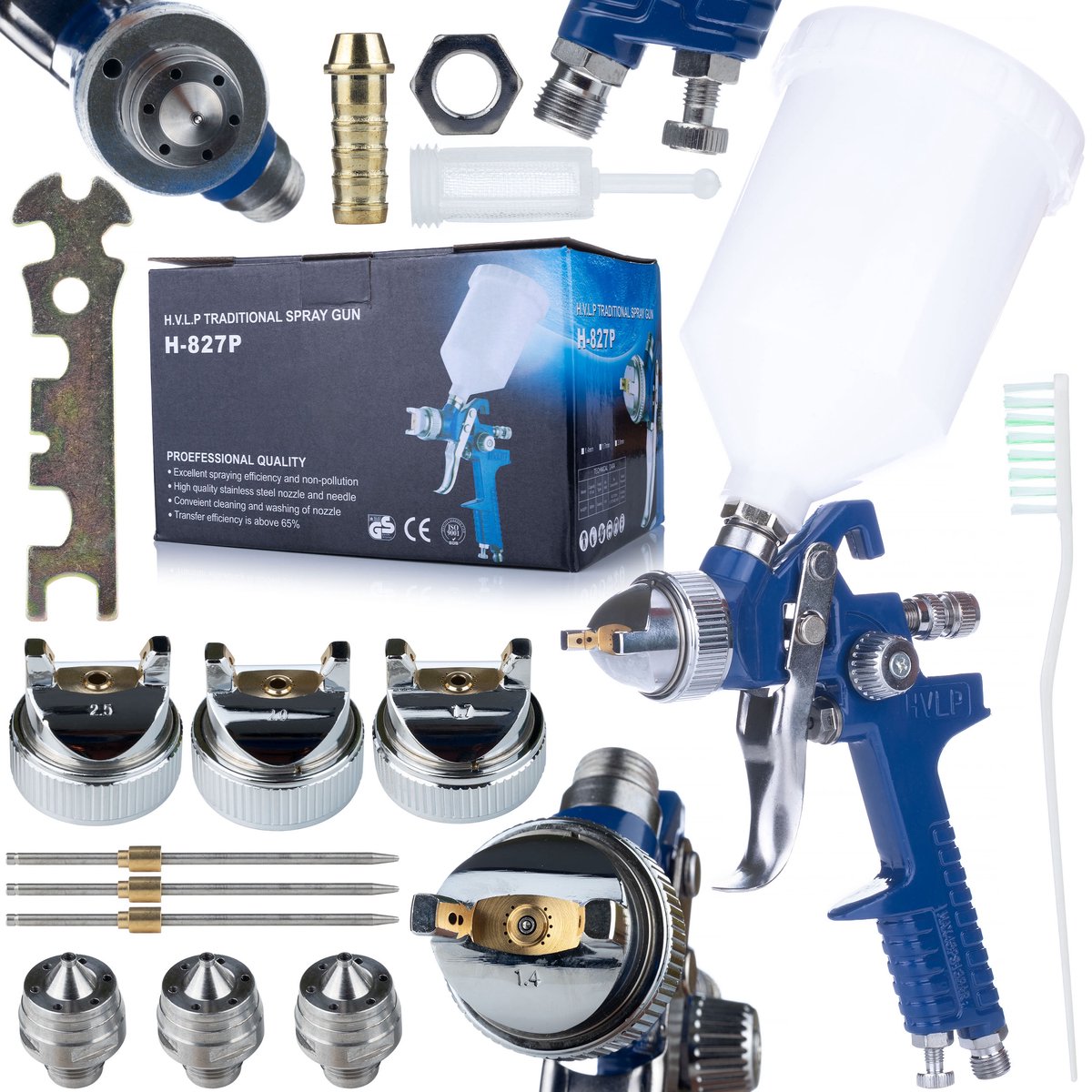 Rosfix Spuitpistool HVLP - 4 Spuitmond Set 1,4/1,7/2,0/2,5 mm - 600 ml, 1/4"" Aansl. 170–300 L/min