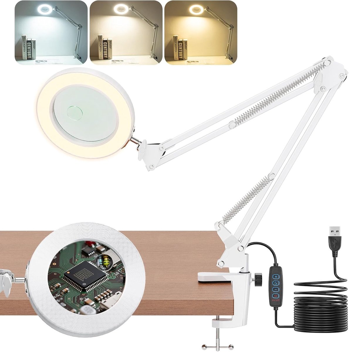 Vergrootglas met Licht en Standaard - Wit - 10x/8x - Dimbare LED Vergrootlamp met Klem - Voor Hobby en Reparaties