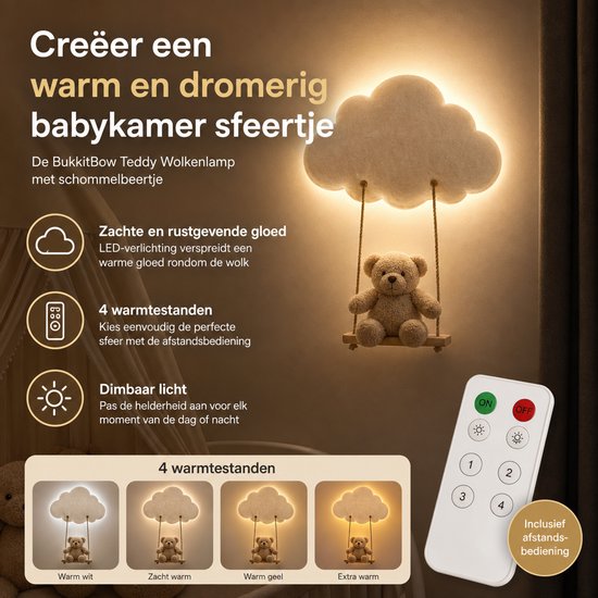 BukkitBow - Teddy Wolkenlamp Set met Schommelbeertje - Handgemaakte Teddy Wolkenlamp - LED Babykamer Nachtlamp - Dimbare Kinderkamer Verlichting - Wit — afbeelding 5