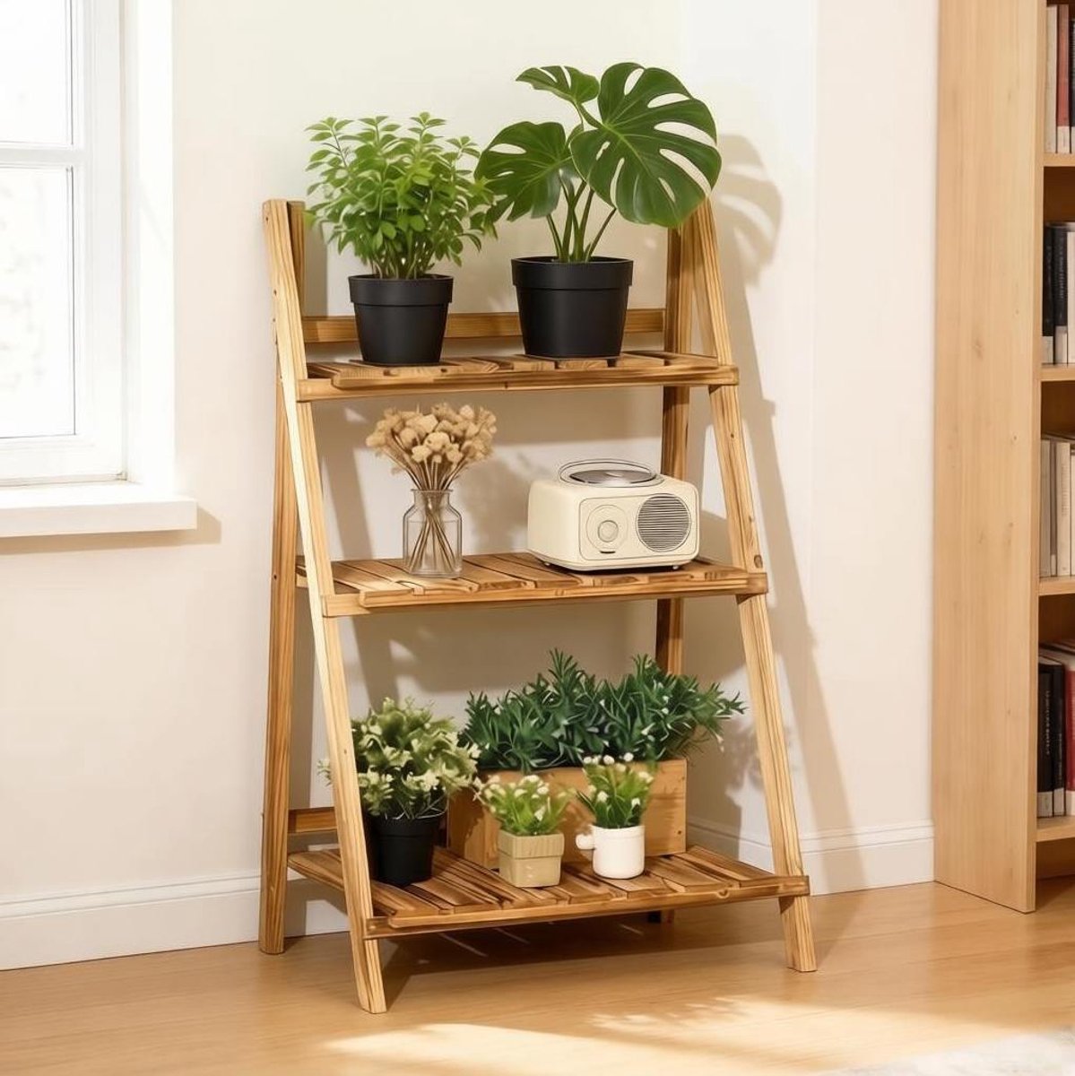Ladderkast Opvouwbaar - 3 Planken - 60 x 37 x 93 cm - Hout - Bruin - Voor Planten En Decoratie