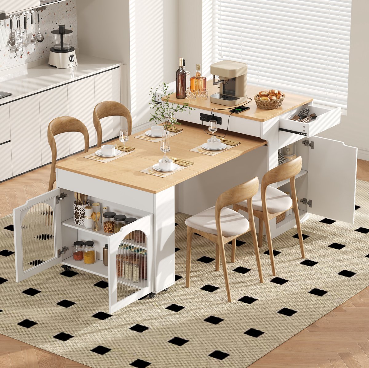 DESMIU Keukenkast - Uitschuifbare Eettafel Met Wielen En Stopcontact - Voor Keuken En Eetkamer - MDF En Glas - Wit - 80x55x93 Cm