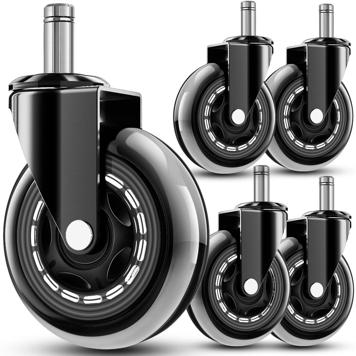 Bureaustoelwielen - rubberen geluidsarme - zwaar draagvermogen - vervangende zwenkwielen - universele wielset - voor bureaustoelgebruikers - zwart - 3 inch - 5 stuks