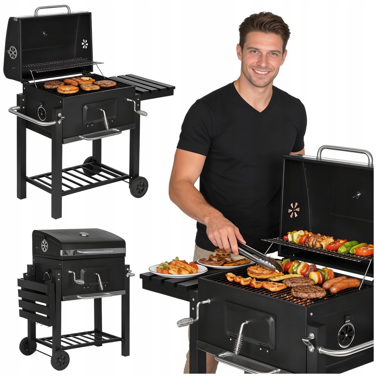 Grote Koolgrill met Deksel, Thermometer en Wielen - Merkloos