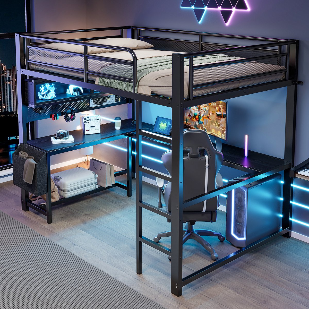 Wishdor Hoogslaper met bureau, opbergruimte en led-verlichting - metaal en mdf - zwart - 140 x 200 cm - voor kinderen