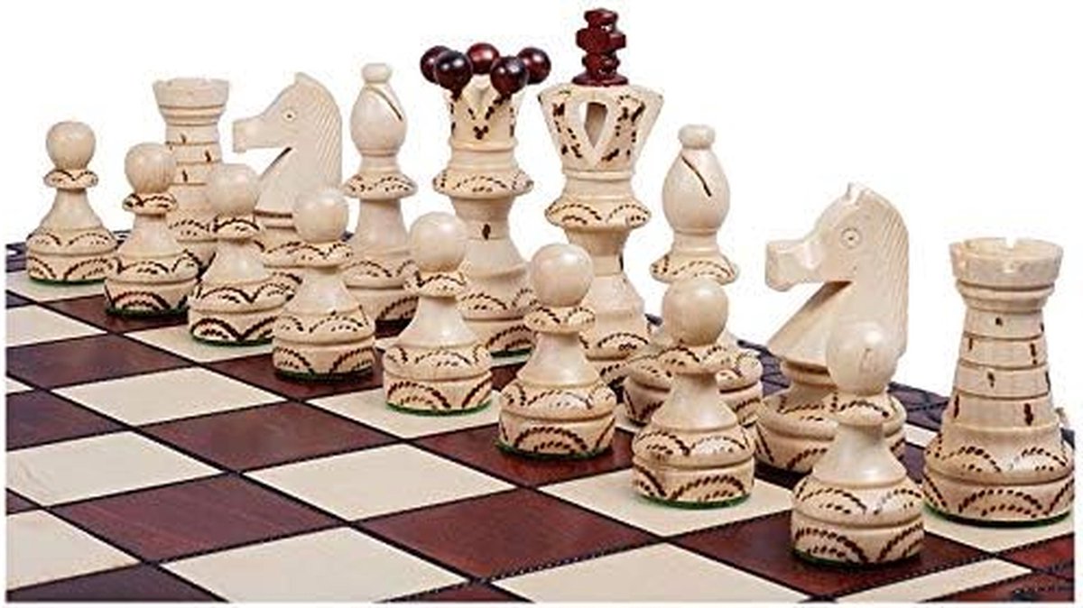 Houten Schaakstukken - Ambassade Stukken - Strategisch Spel - Handgemaakt Viltbodem - Koning 11 cm - Bruin Wit