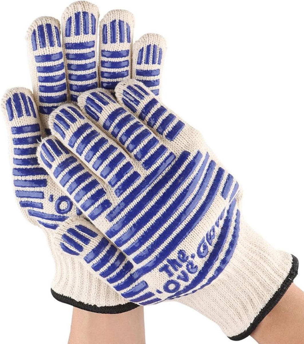Hittebestendige Ovenhandschoenen - Wit en Blauw - 26 cm - Siliconen en Katoen - Voor Grillen en Bakken