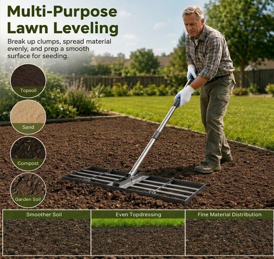 Gazonnivelleerhark - Zwart - 76 x 25 cm - Verstelbare Staal met Opvouwbare Kop - Voor Tuin en Golfbaan — afbeelding 5