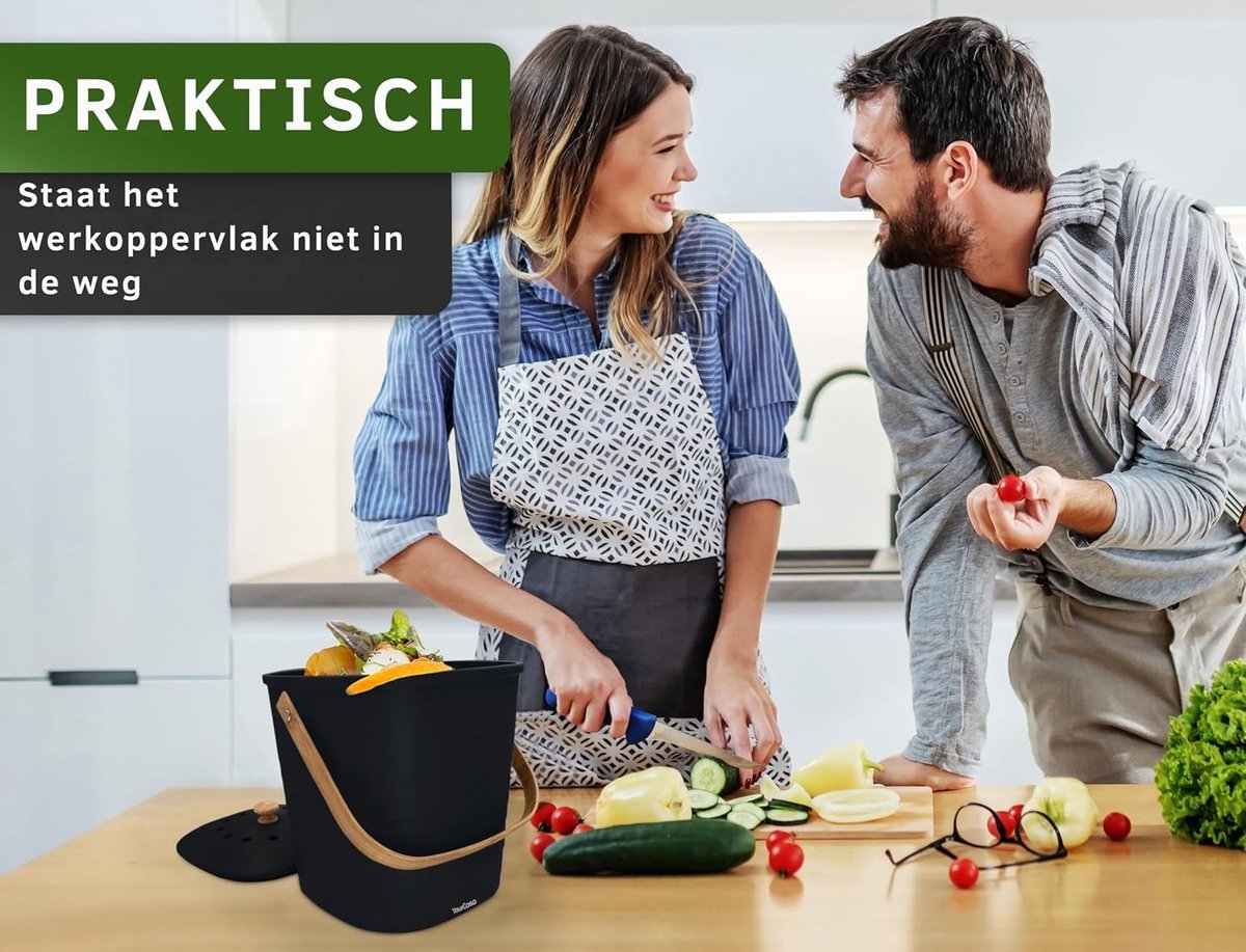 Compostemmer 5 liter - Zwart - 4 Liter - Biologisch Afvalbak met Actief Koolfilter - Voor Keukengebruik