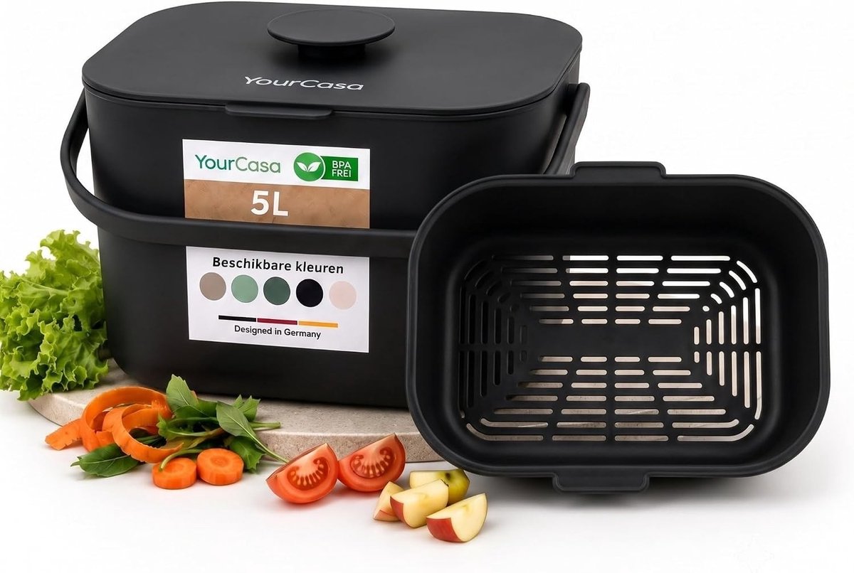 Compostemmer 5 liter - Zwart - 5L - Vaatwasmachinebestendig met deksel en ergonomische handgreep - Voor keuken en aanrecht