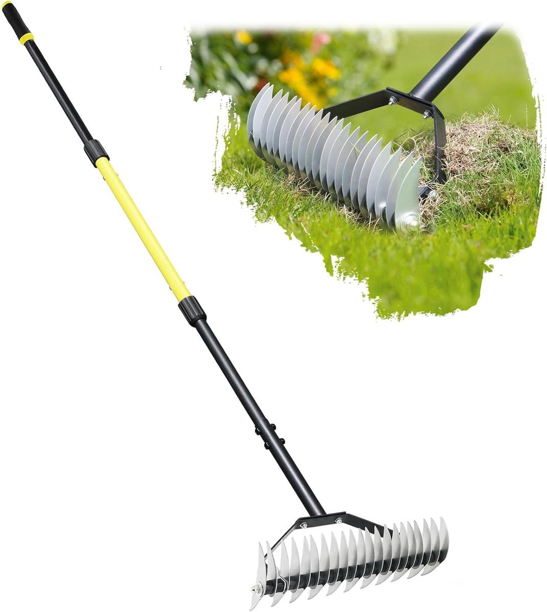 Verticuteerhark Gazon - Handhark Onkruid - Gazon Onderhoud - 21 Roestvrijstalen Tanden - 38 cm Werkbreedte - Zwart