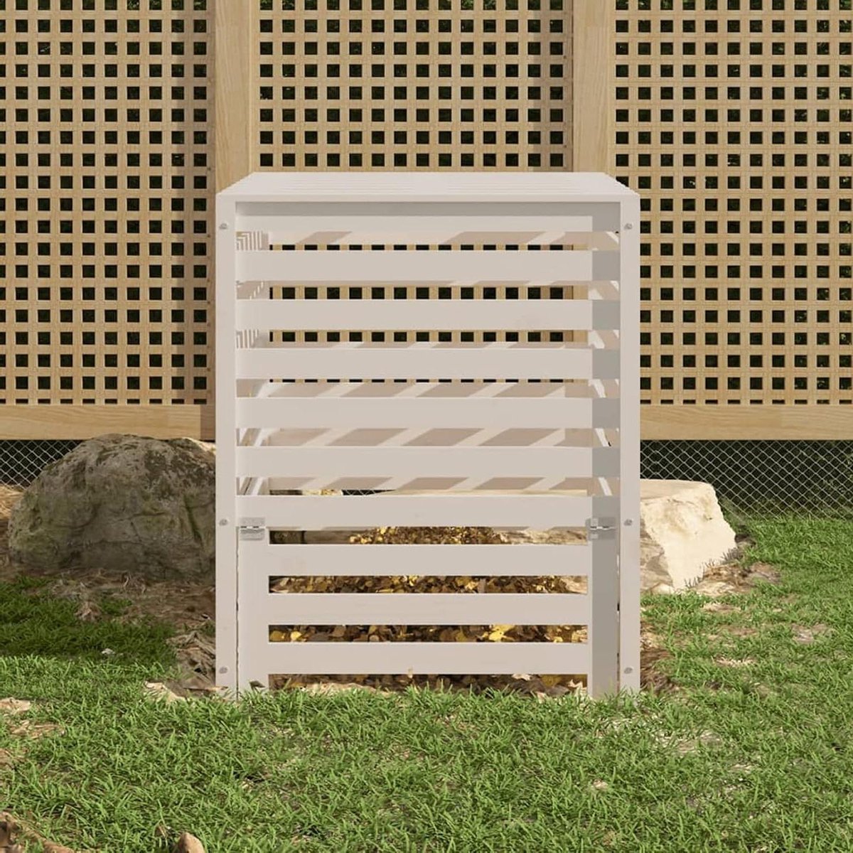 Compostbak Hout - Compostvat Tuin - Tuinafval Verwerken - Lamellenontwerp Goede Luchtcirculatie - 825 x 825 x 995 cm - Wit