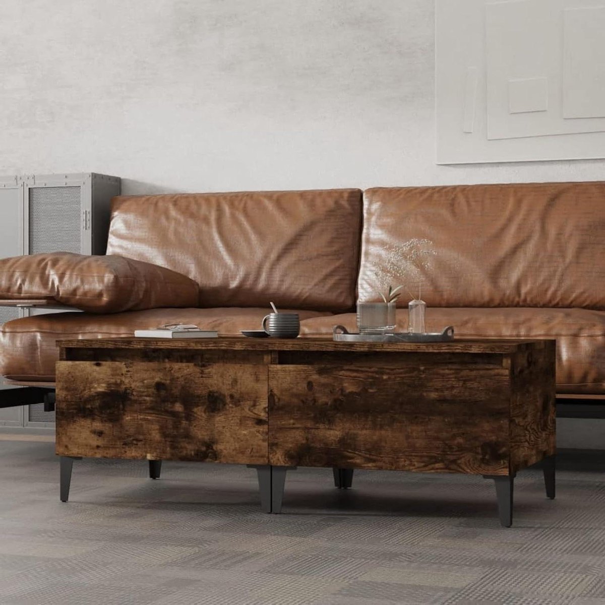 Bijzettafels Set - Industriële Tafels - Woonkamer Inrichting - Met Lade - 50 cm Hoog - Eiken