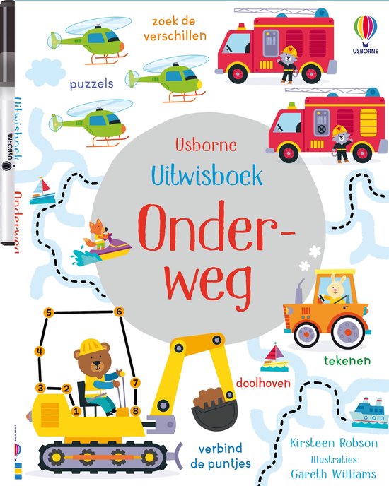 Boekomslag met voertuigen en dieren, waaronder helikopters, brandweerwagens, een graafmachine en een auto, met de titel 'Usborne Uitwisboek Onderweg'.