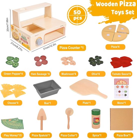 Houten speelgoed pizza set - 50-delig - pizzaoven met snijder - rolspel voor kinderen vanaf 3 jaar — afbeelding 4