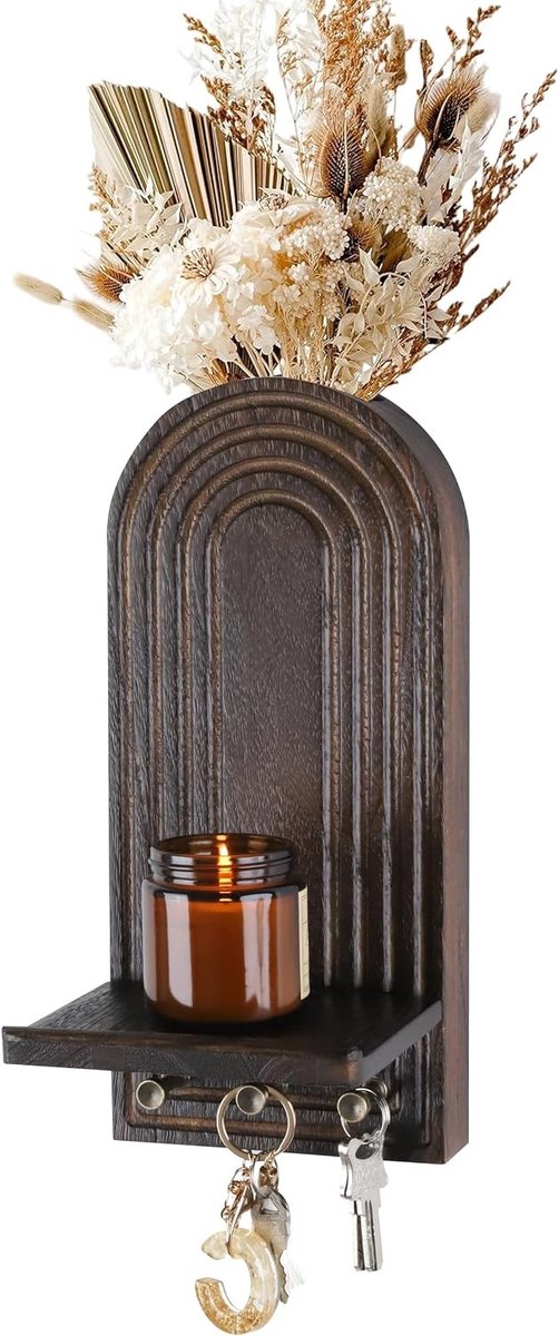 3-in-1 wandplank van hout met wandvaas, kaarsenhouder en sleutelhaak - Boho wanddecoratie, multifunctionele wandorganizer, ruimtebesparend voor woonkamer, slaapkamer en hal