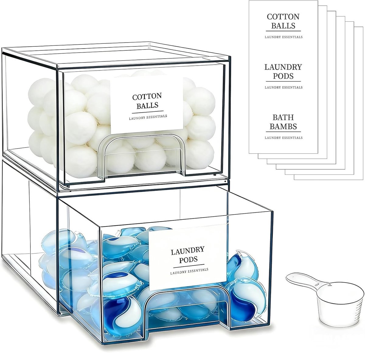 Set van 2 Wasmiddel Pods Containers met Labels en Lepels - Acryl Opslagdozen voor Waspoeder, Geurversterker en Organisatie van Wasbenodigdheden