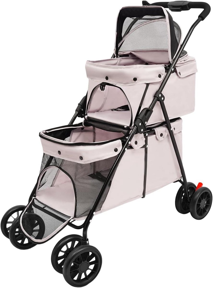 Dubbele Hondenbuggy - Huisdierwagen 2 etages - Reizen met huisdieren - Gescheiden cabines - Tot 20 kg - Grijs