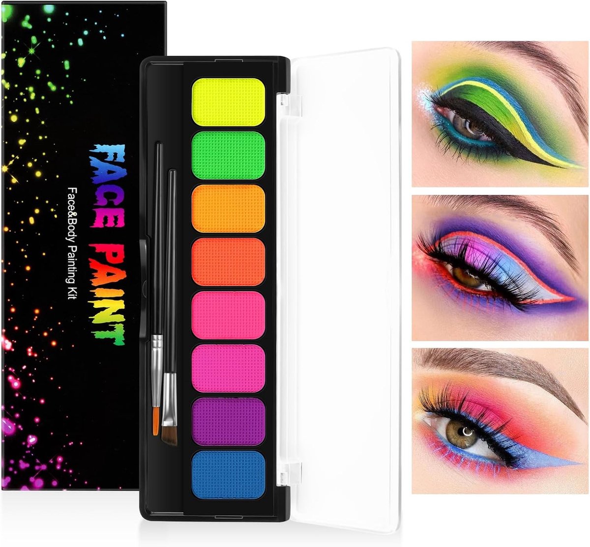 Set van 8 Kleurrijke Gezichts- en Lichaamsverf, UV-reactieve Make-up voor Kinderen, Perfect voor Feestjes en Creatieve Activiteiten