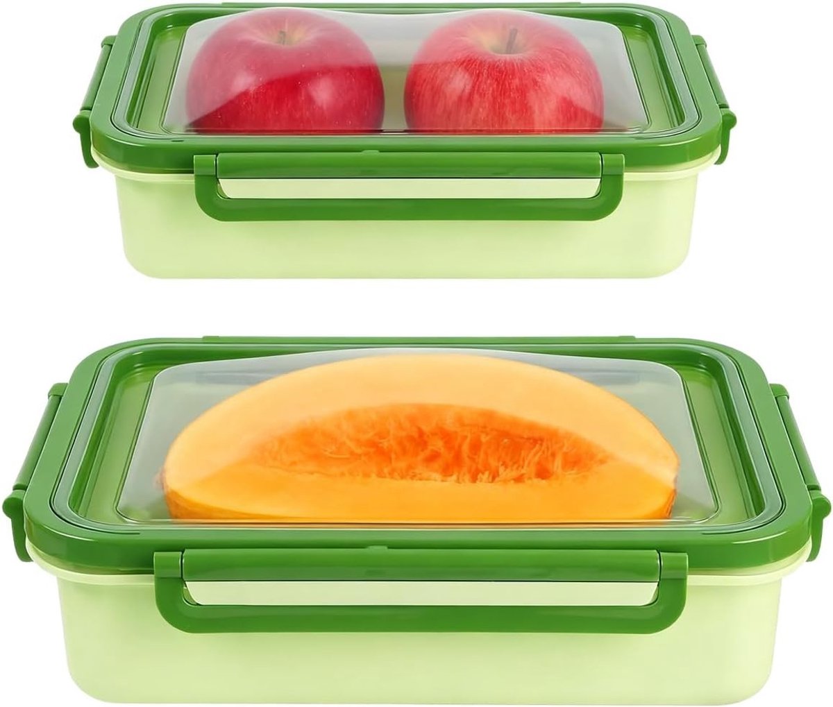 Herbruikbare silicone bewaarpods met elastisch deksel en vierzijdige sluiting, ideaal voor het opslaan van fruit, groenten en restjes zoals avocado's, tomaten en citroenen.