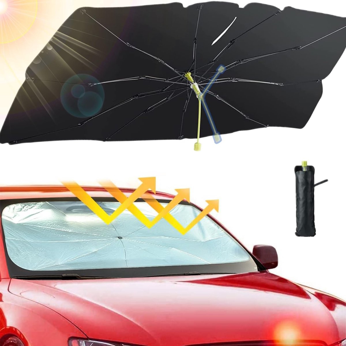 Aluminium Auto Zonnescherm | Aluminium Opvouwbaar Zomer Zonnescherm Voorruit Auto 140x75cm | Roteerbaar Binnenzonnescherm met UV-Bescherming | Sterke Hitte-isolatie Reflecterend | Past op Meeste Personenauto's en SUV's | Cyslmuk®