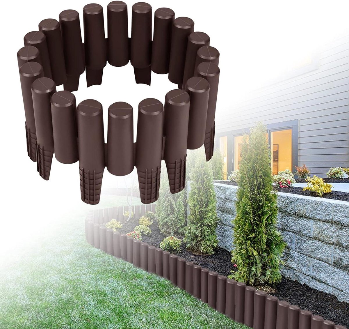 Gazonrand Tuinpalissade - Flexibele Omheining - Tuinranden Vormgeven - Houtlook Design - 28 meter - Bruin