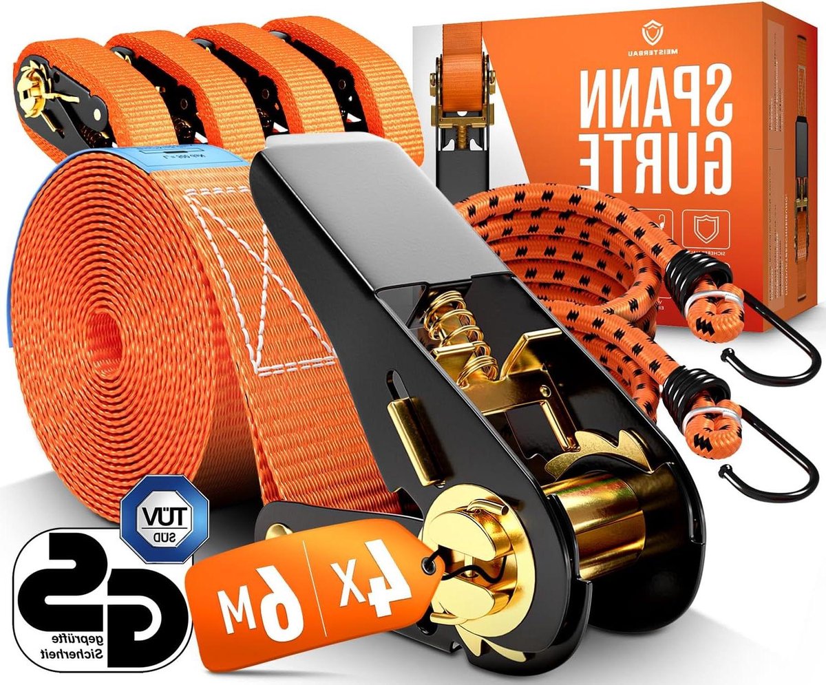 Spanbanden met ratel - Sjorbanden set - Lading Zekeren - TÜV G/S getest - 4 stuks 6 meter - Oranje