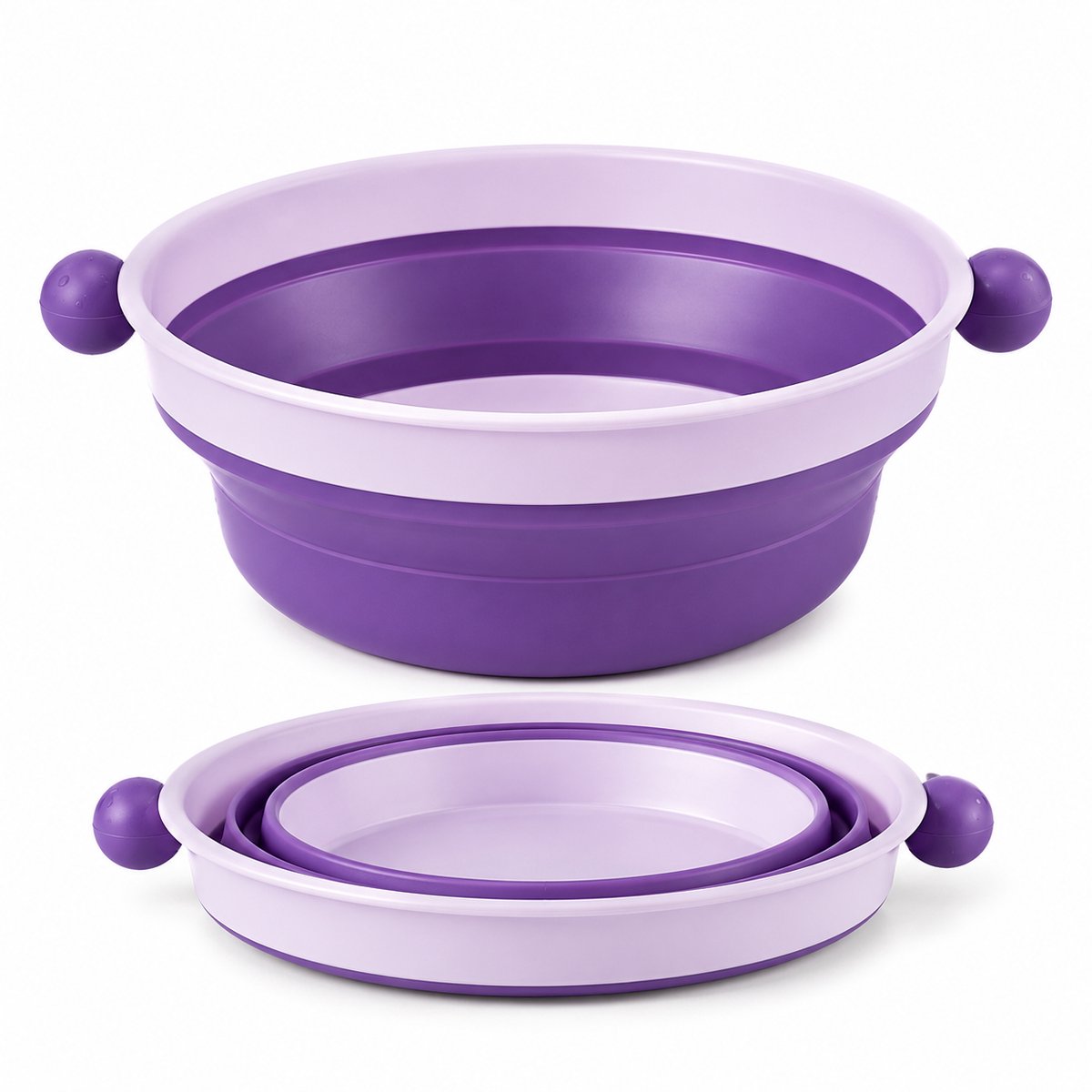 Bobypet - 2 Stuks Opvouwbare Vergiet Set - Inklapbare Zeef met Handvat en Opvangbasis - Ruimtebesparende Kunststof Keuken Afdruipmand voor Fruit en Groenten - Vergiet - Voor thuis en kampeergebruik - Paars