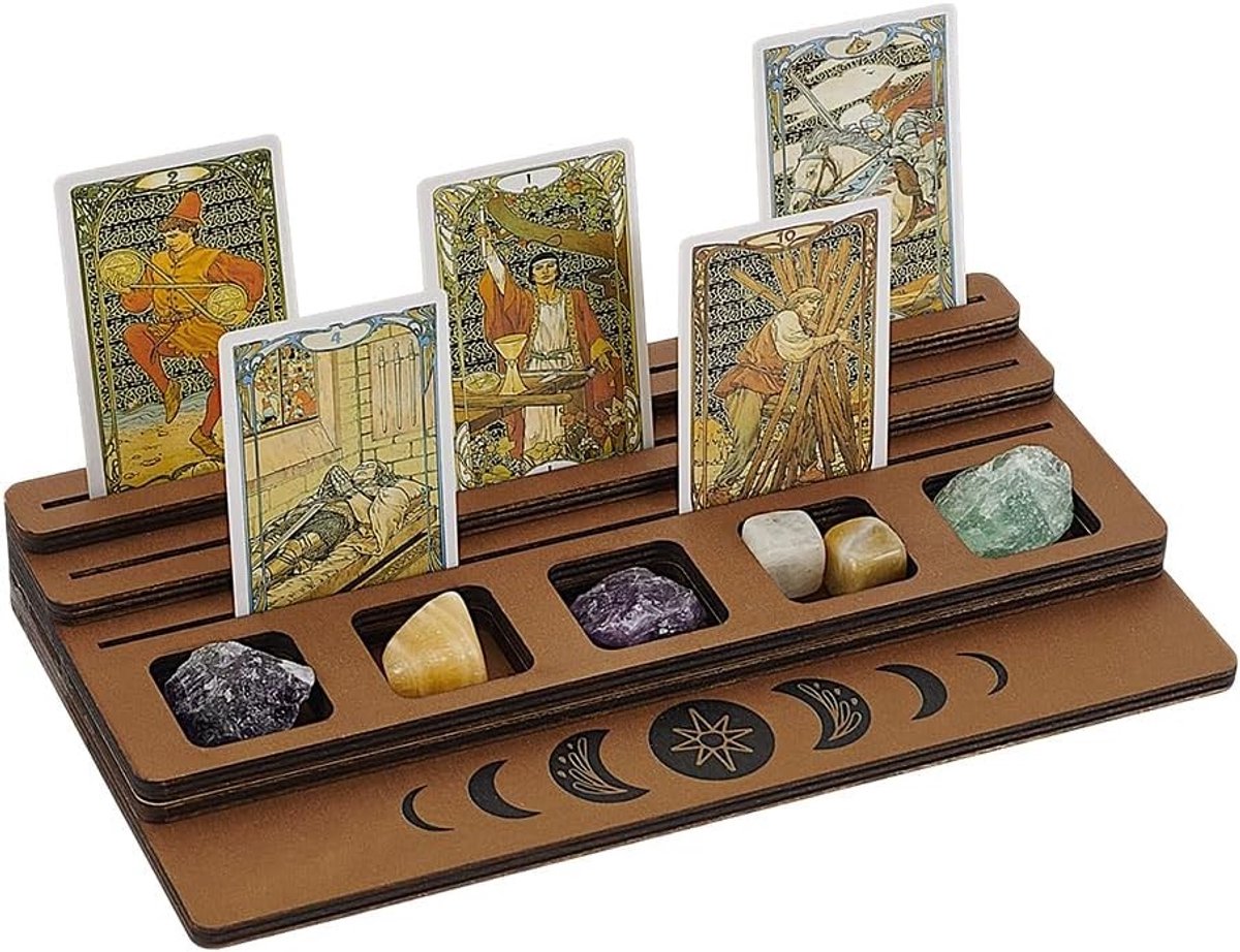 3-Laags Houten Tarot Kaartenhouder in Camel Kleur met Maanfase Ontwerp - Ideaal voor Wicca, Witchcraft en Dagelijkse Kaarten Display