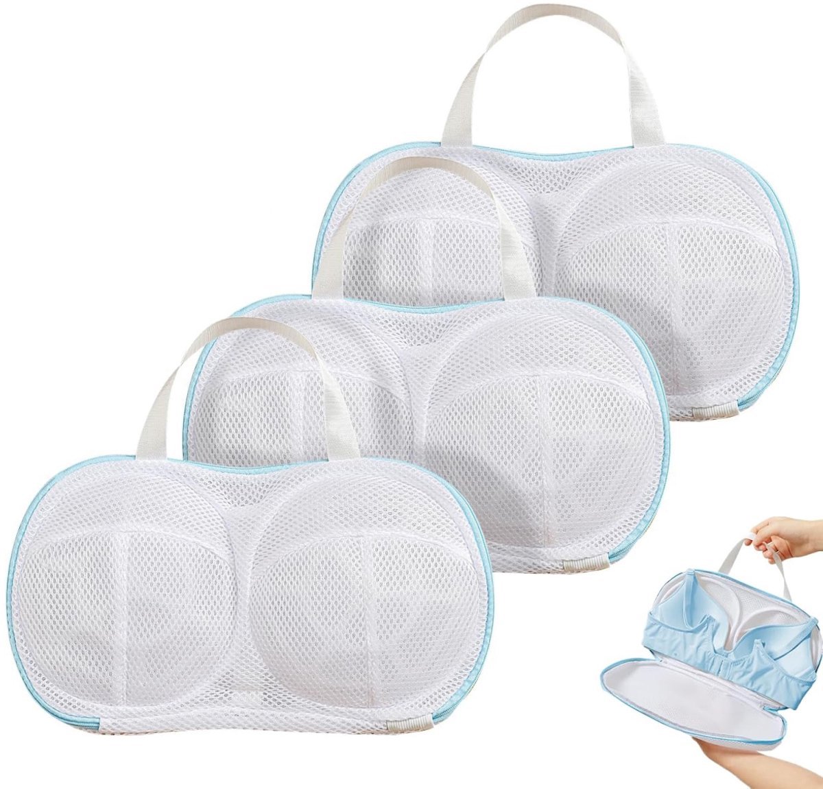 2 stuks - wasmachine beha houder, blauw, beha ring beschermhoes met draagbare handgreep, beha waszak met rits, handig voor wassen, delicate lingerie beha