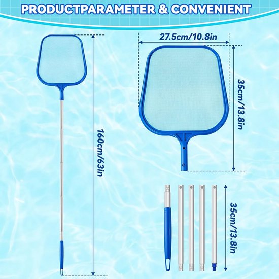 Zwembad Schepnet - Bladzuiger Set - Water Oppervlak Reinigen - Verstelbare Aluminium Steel - 160 cm - Zilver — afbeelding 4