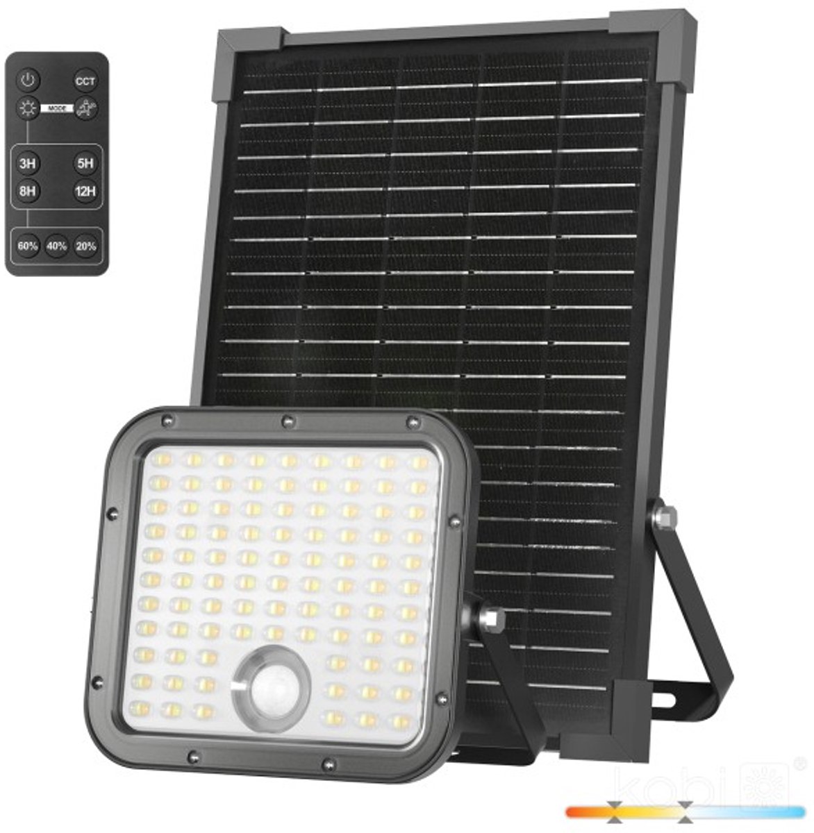 Kobi Solar LED Floodlight MHCS 30W 2CCT IP65 - schijnwerper op zonne-energie met bewegingssensor en afstandsbediening Buitenlamp | Geen fitting | Warm Wit - Koel Wit | 30 watt | 35.000 Branduren
