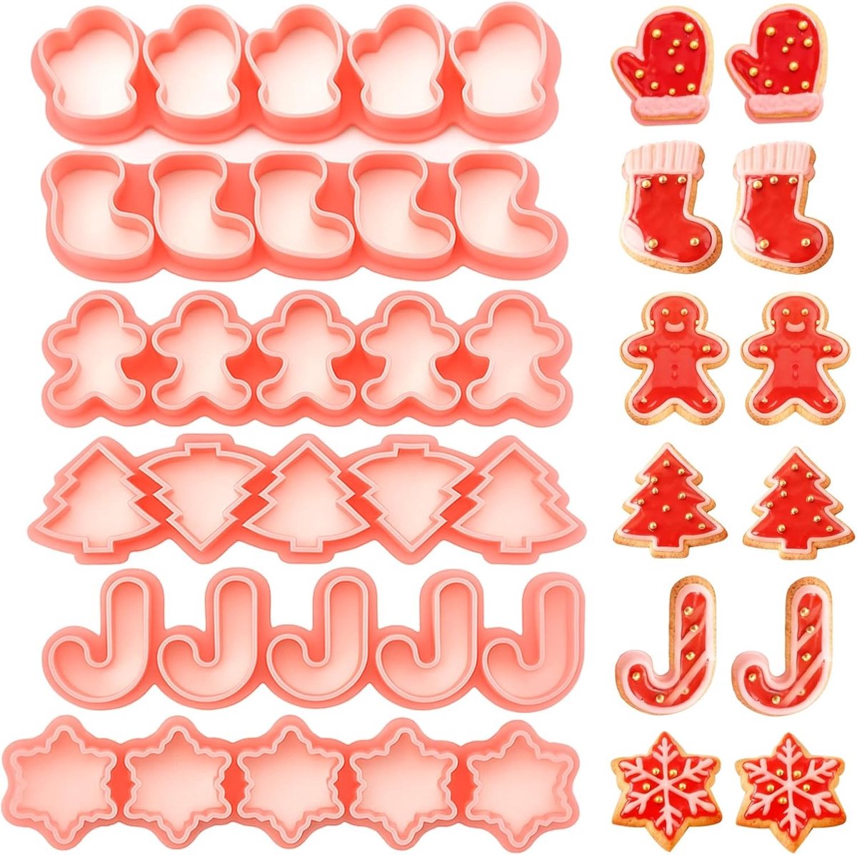 Kerstkoekjesuitsteekvormen voor 3D koekjes, DIY bakaccessoires en koekjesvormen in roze kleur
