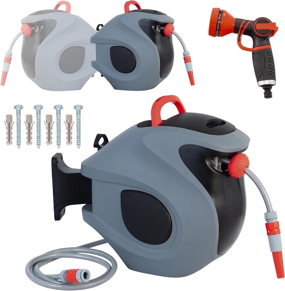 Automatische Slanghaspel - Tuinslanghouder Muur - Tuin Besproeien - Automatisch Oprollen - 30 m + 2 m - Grijs