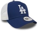 Casquette trucker bleue New Era avec logo 'LA' blanc et arrière en mesh blanc.