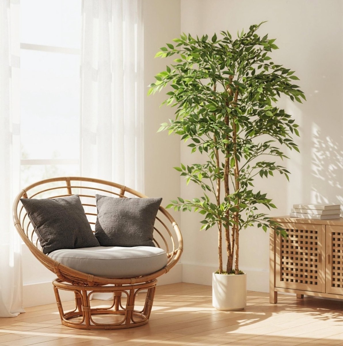 MIVRAY Kunstplant – Natuurgetrouwe Banyanboom – 75 x 75 x 180 cm – Kunststof En Hout – Groen – Voor Binnen Met Pot En Verstelbare Bladeren