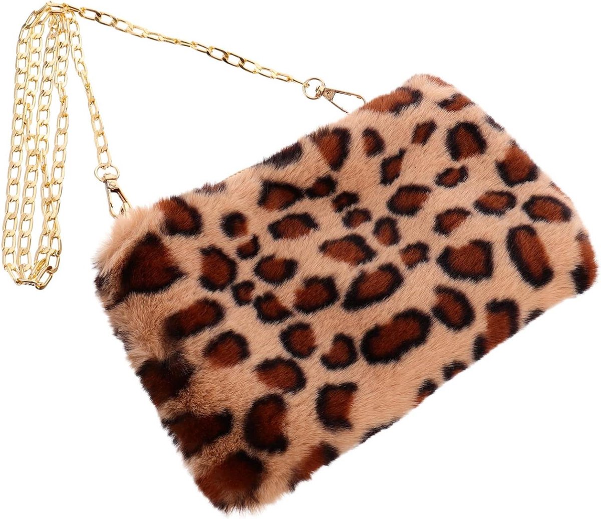 Pluche Schoudertas - Handtas Portemonnee - Dagelijks Gebruik - Leopard Print - 23 x 15 x 2 cm - Bruin